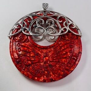 Butterfly Pendant Large Carved Southwest Red Coral Rhodium over Silver 925 JTV